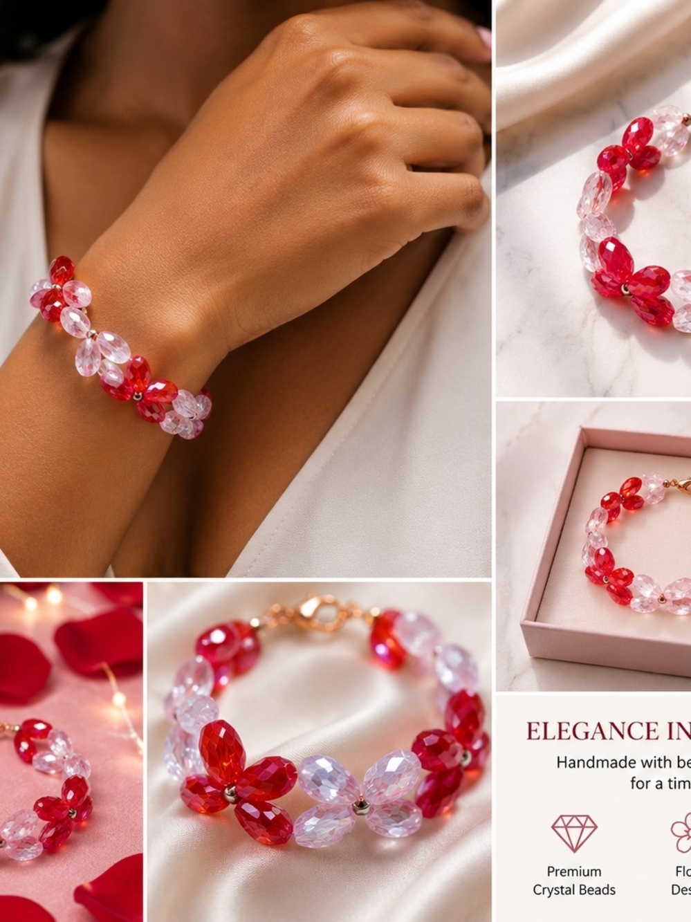 Crystal Flower Bracelet in Red & Light Pink by